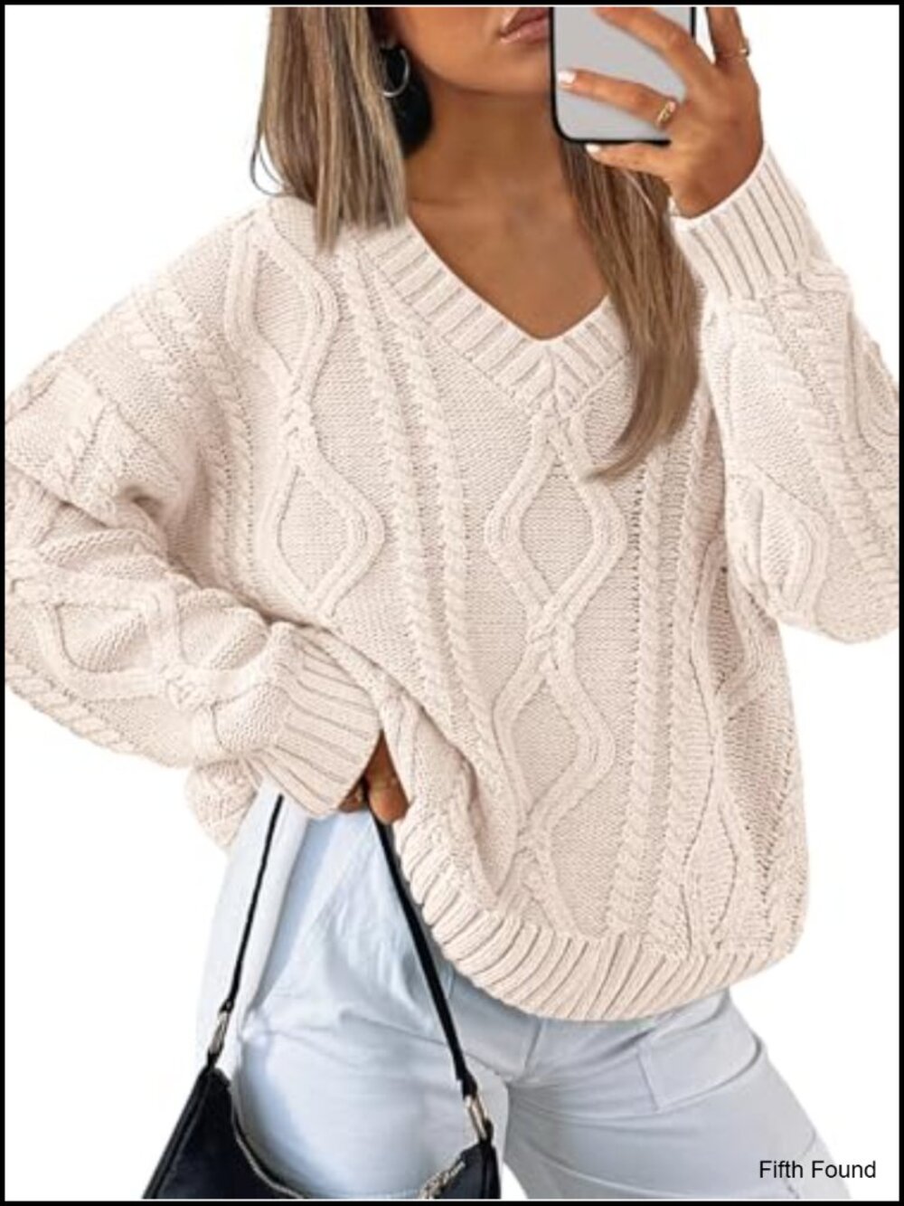 Womens V Neck Cable Knit Sweater Oversized Cozy Fall Pullover Cotton Acrylic